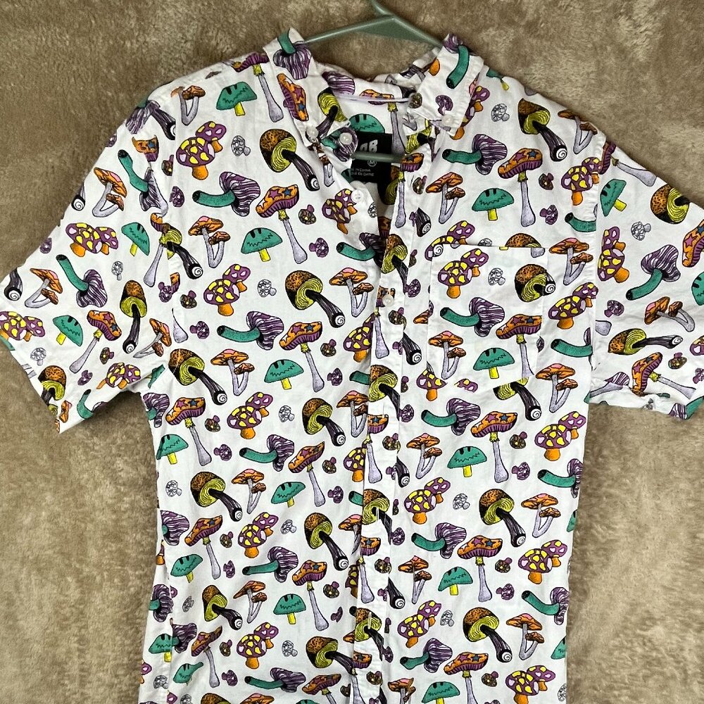 A. Lab Mens Shirt Short Sleeves Button Down Casual Mushroom Print White Medium